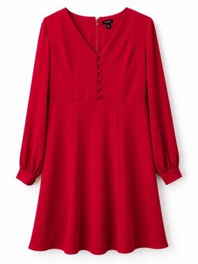 Ann Taylor Red Long-Sleeve V-Neck Dress with Front Buttons